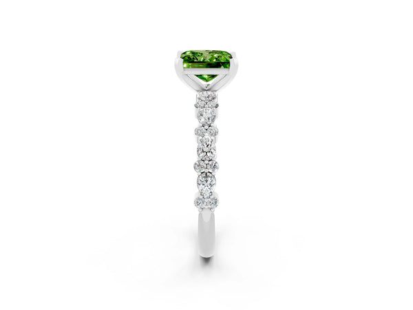 White gold Princess Cut Peridot Side Stone Solitaire Ring with Round  and Four-Prong Setting
