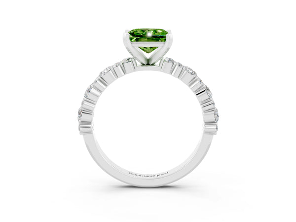 White gold Princess Cut Peridot Side Stone Solitaire Ring with Round  and Four-Prong Setting