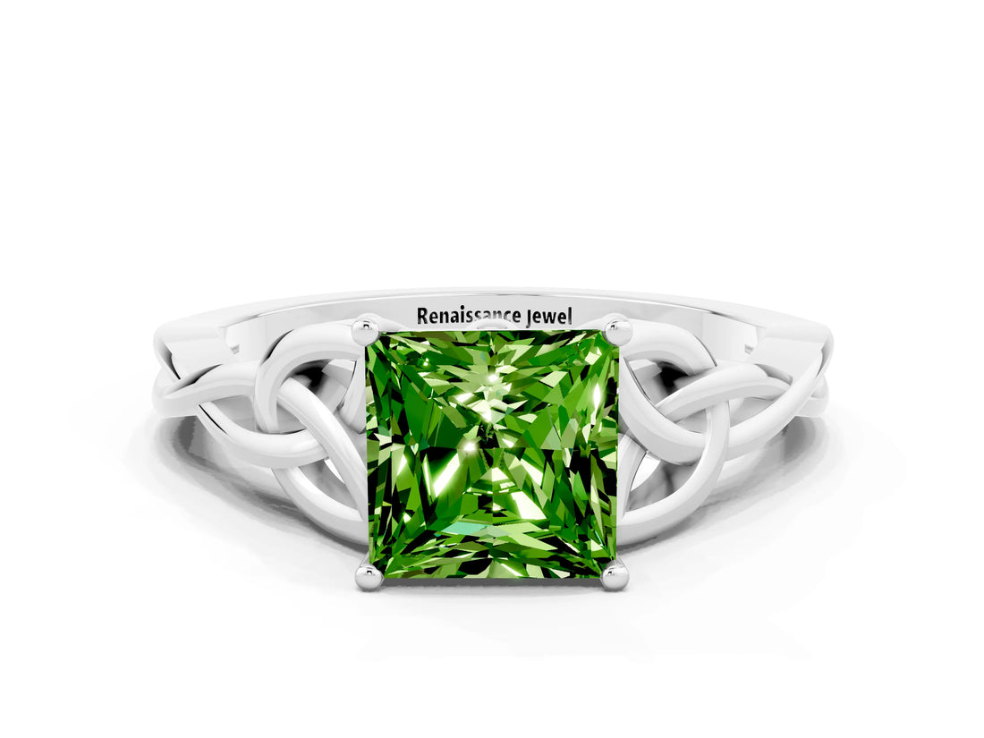 White gold Princess Cut Peridot Solitaire Celtic Knot Ring with Four-Prong Setting_12