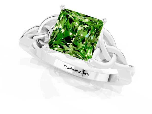 White gold Princess Cut Peridot Solitaire Celtic Knot Ring with Four-Prong Setting