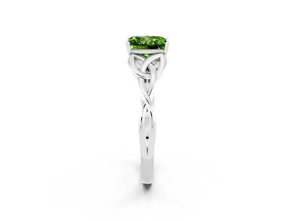 Platinum Princess Cut Peridot Solitaire Celtic Knot Ring with Four-Prong Setting