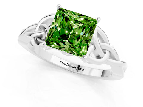 White gold Princess Cut Peridot Solitaire Engagement Ring with Celtic Knot Band and Four-Prong Setting_1