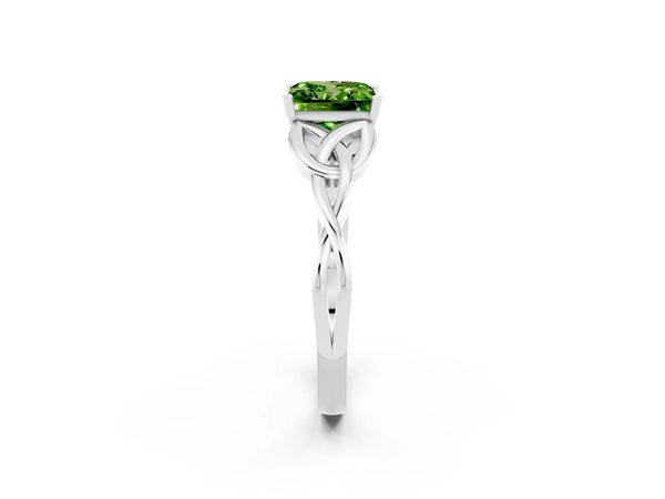 Silver Princess Cut Peridot Solitaire Engagement Ring with Celtic Knot Band and Four-Prong Setting