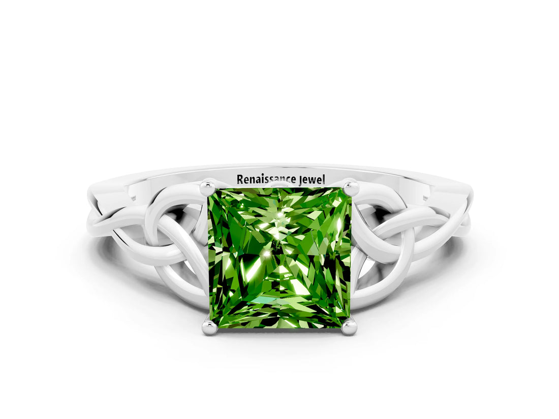 White gold Princess Cut Peridot Solitaire Engagement Ring with Celtic Knot Band and Four-Prong Setting