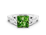 White gold Princess Cut Peridot Solitaire Engagement Ring with Celtic Knot Band and Four-Prong Setting