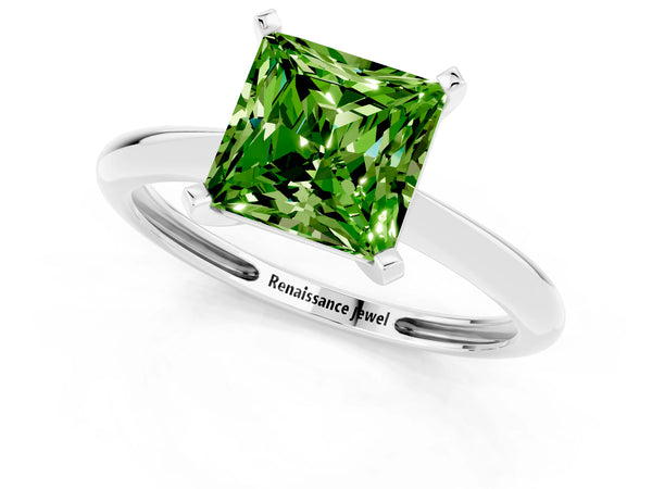 White gold Princess Cut Peridot Solitaire Engagement Ring with Classic Band and Four-Prong Setting
