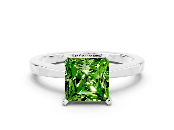 Platinum Princess Cut Peridot Solitaire Engagement Ring with Classic Band and Four-Prong Setting