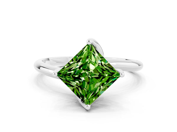 White gold Princess Cut Peridot Solitaire Engagement Ring with Four-Prong Setting and Classic Band