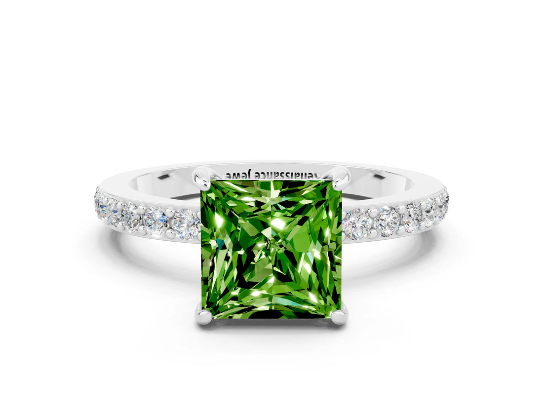 White gold Princess Cut Peridot Solitaire Engagement Ring with Pavé Band and Four-Prong Setting
