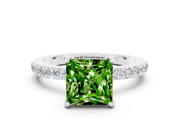 Platinum Princess Cut Peridot Solitaire Engagement Ring with Pavé Band and Four-Prong Setting