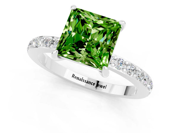 White gold Princess Cut Peridot Solitaire Engagement Ring with Pavé Band and Four-Prong Setting