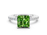 White gold Princess Cut Peridot Solitaire Engagement Ring with Pavé Band and Four-Prong Setting