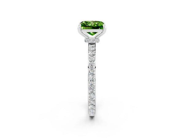 White gold Princess Cut Peridot Solitaire Engagement Ring with Pavé Band and Four-Prong Setting