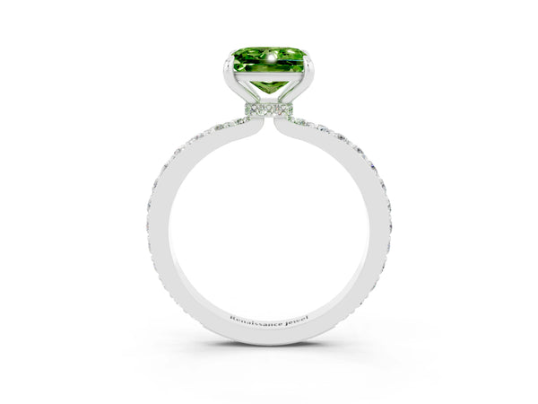 Silver Princess Cut Peridot Solitaire Engagement Ring with Pavé Band and Four-Prong Setting