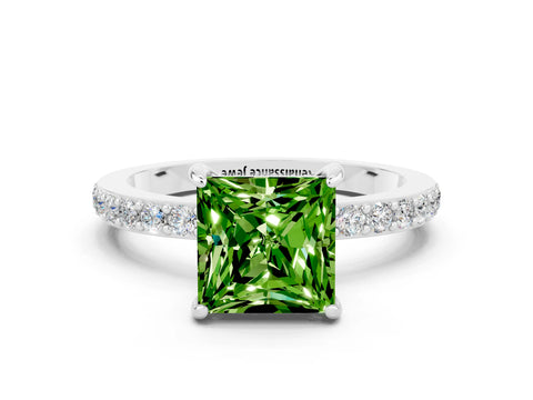 White gold Princess Cut Peridot Solitaire Engagement Ring with Pavé Band and Four-Prong Setting