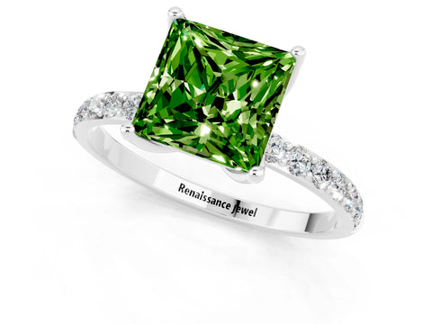 White gold Princess Cut Peridot Solitaire Engagement Ring with Pavé Band and Prong Setting_1