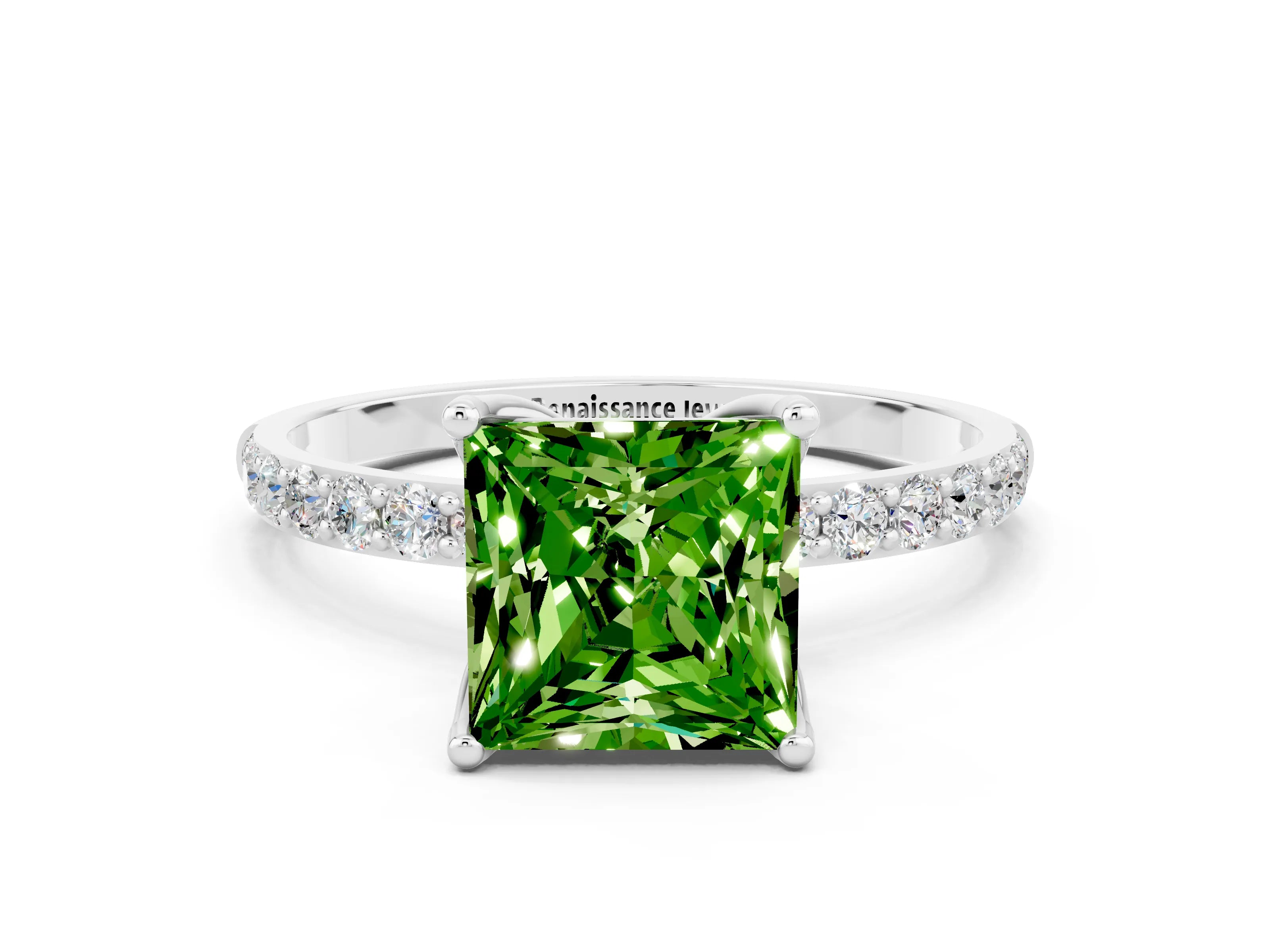 White gold Princess Cut Peridot Solitaire Engagement Ring with Pavé Band and Prong Setting