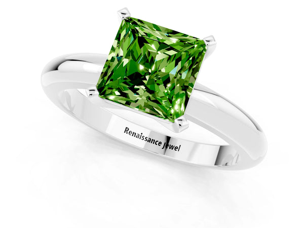 Platinum Princess Cut Peridot Solitaire Engagement Ring with Round Band and Four-Prong Setting