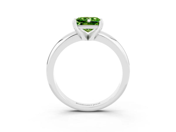 Platinum Princess Cut Peridot Solitaire Engagement Ring with Round Band and Four-Prong Setting