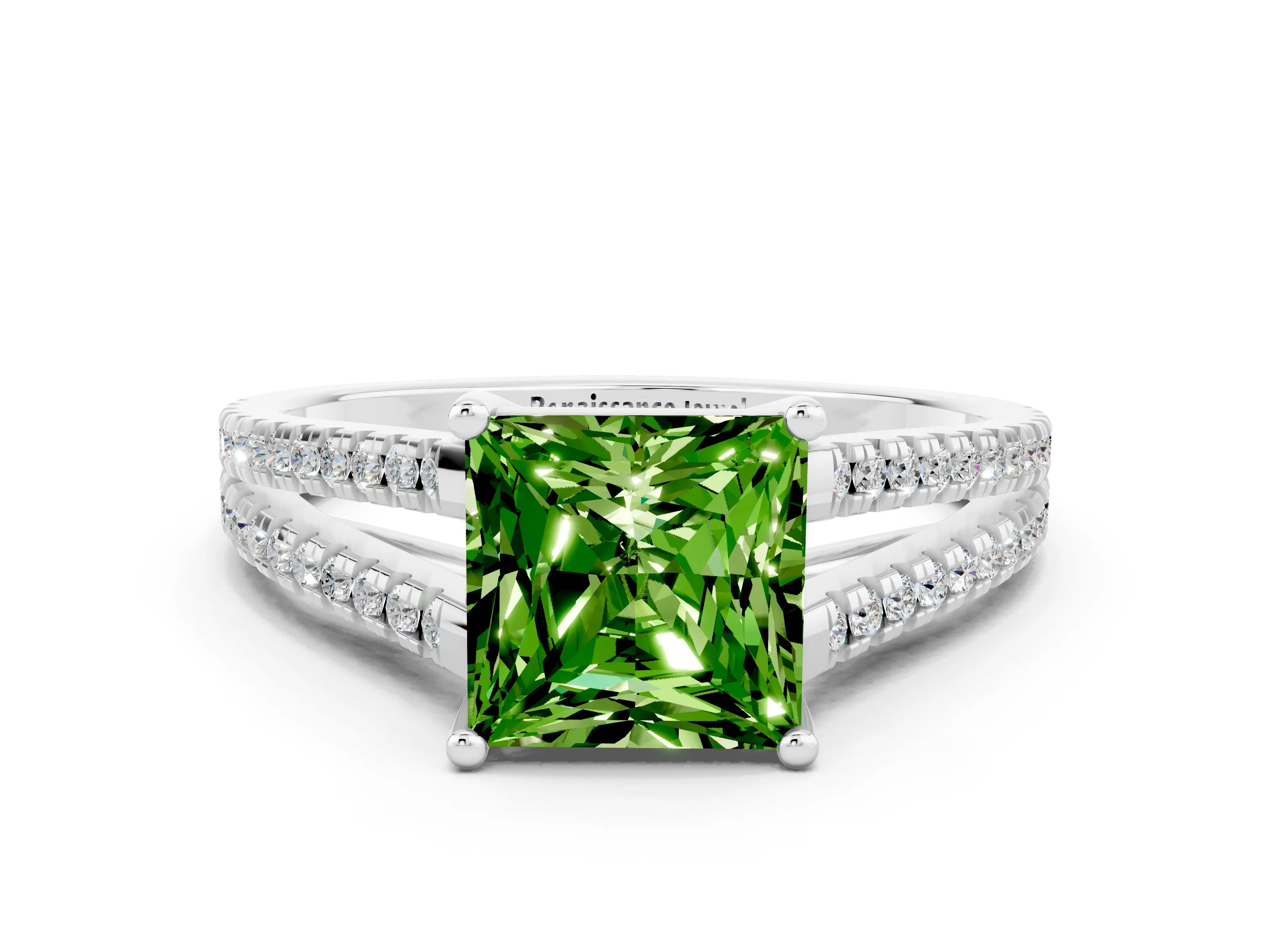 White gold Princess Cut Peridot Solitaire Engagement Ring with Split Shank Pavé Band