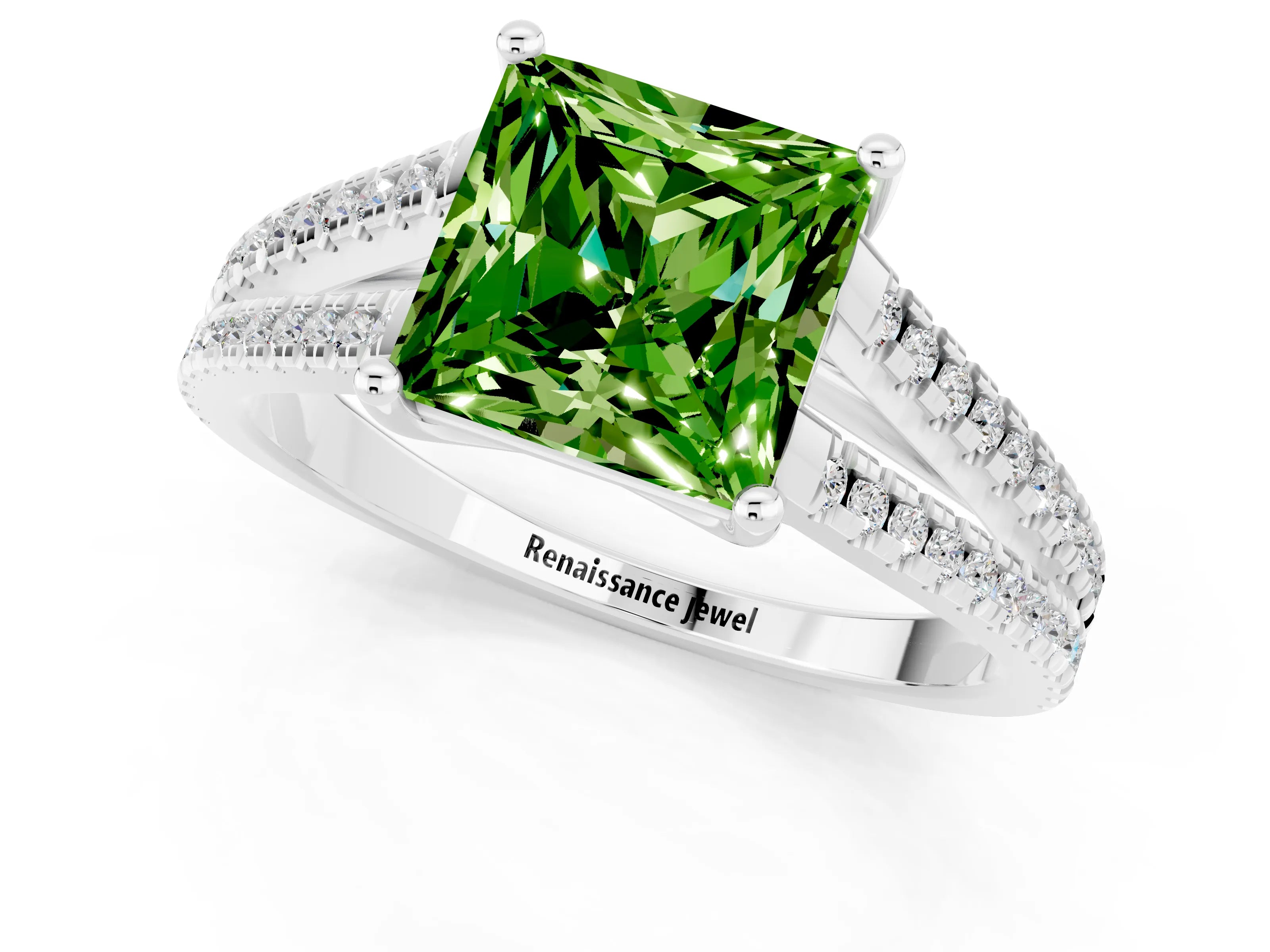 White gold Princess Cut Peridot Solitaire Engagement Ring with Split Shank Pavé Band_1