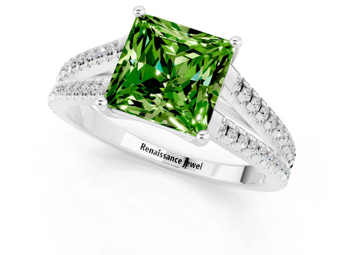 White gold Princess Cut Peridot Solitaire Engagement Ring with Split Shank Pavé Band_1