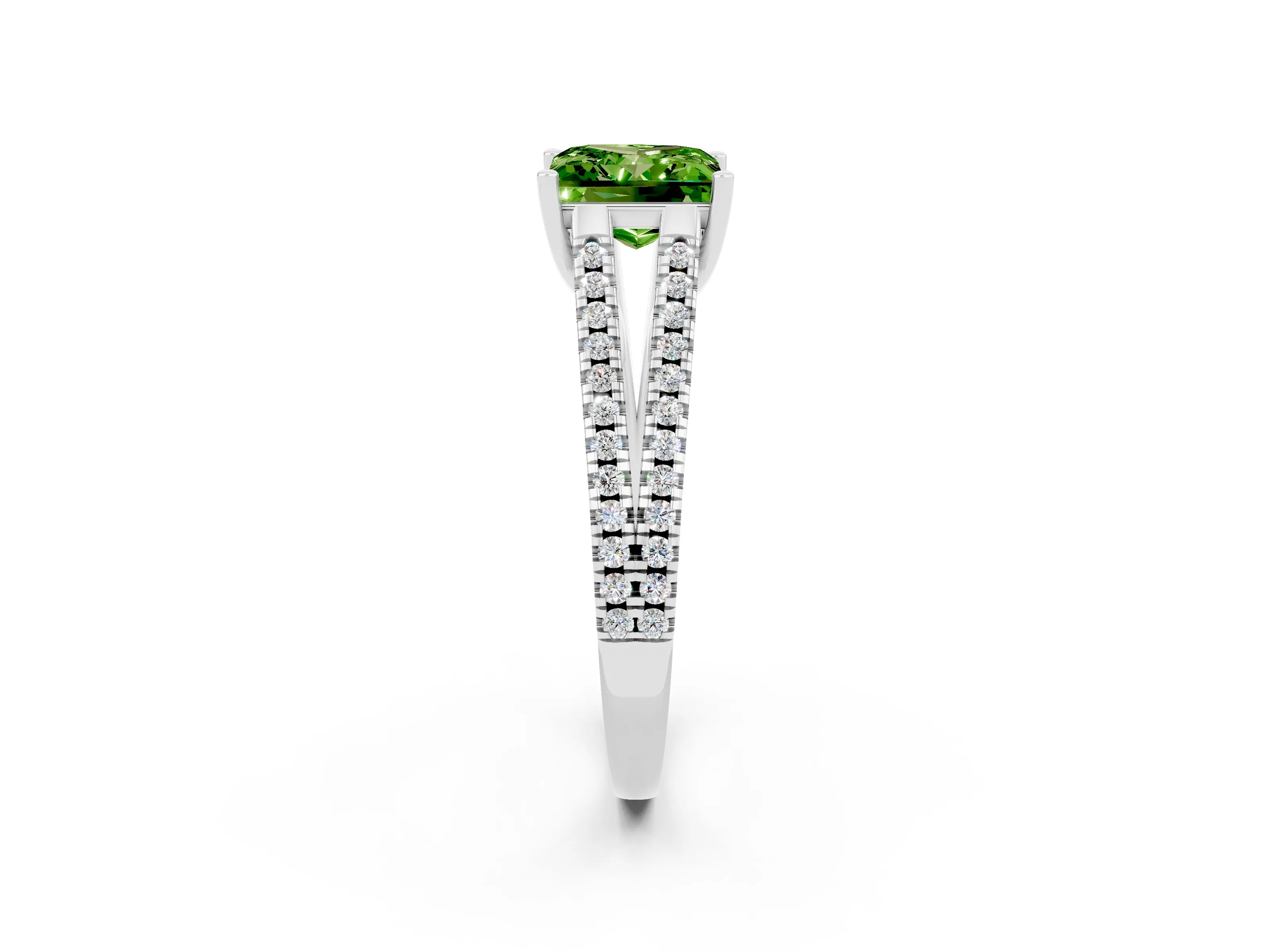 White gold Princess Cut Peridot Solitaire Engagement Ring with Split Shank Pavé Band_2
