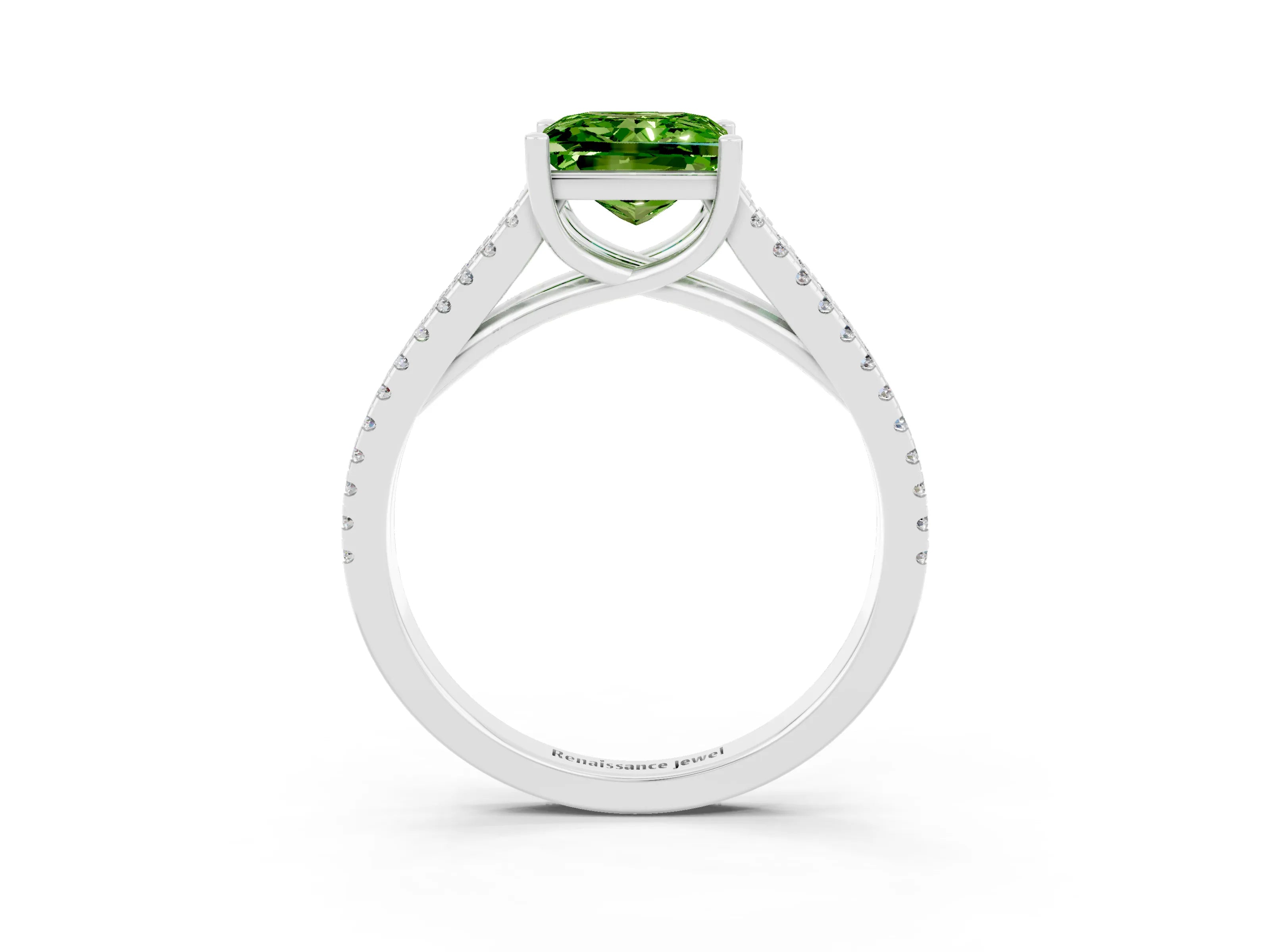 White gold Princess Cut Peridot Solitaire Engagement Ring with Split Shank Pavé Band_3