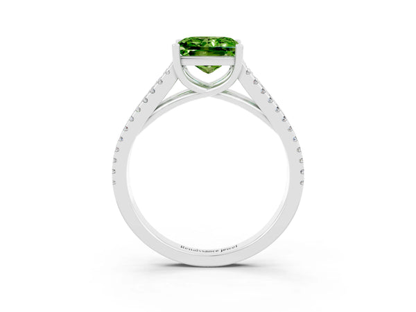 Platinum Princess Cut Peridot Solitaire Engagement Ring with Split Shank Pavé Band