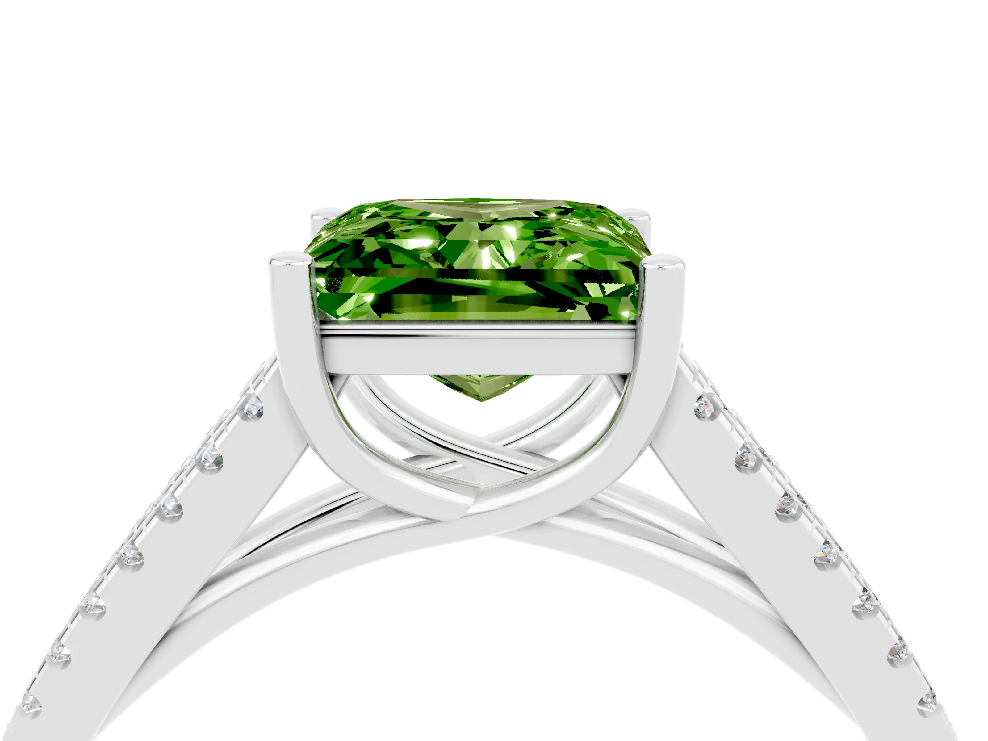 White gold Princess Cut Peridot Solitaire Engagement Ring with Split Shank Pavé Band_4