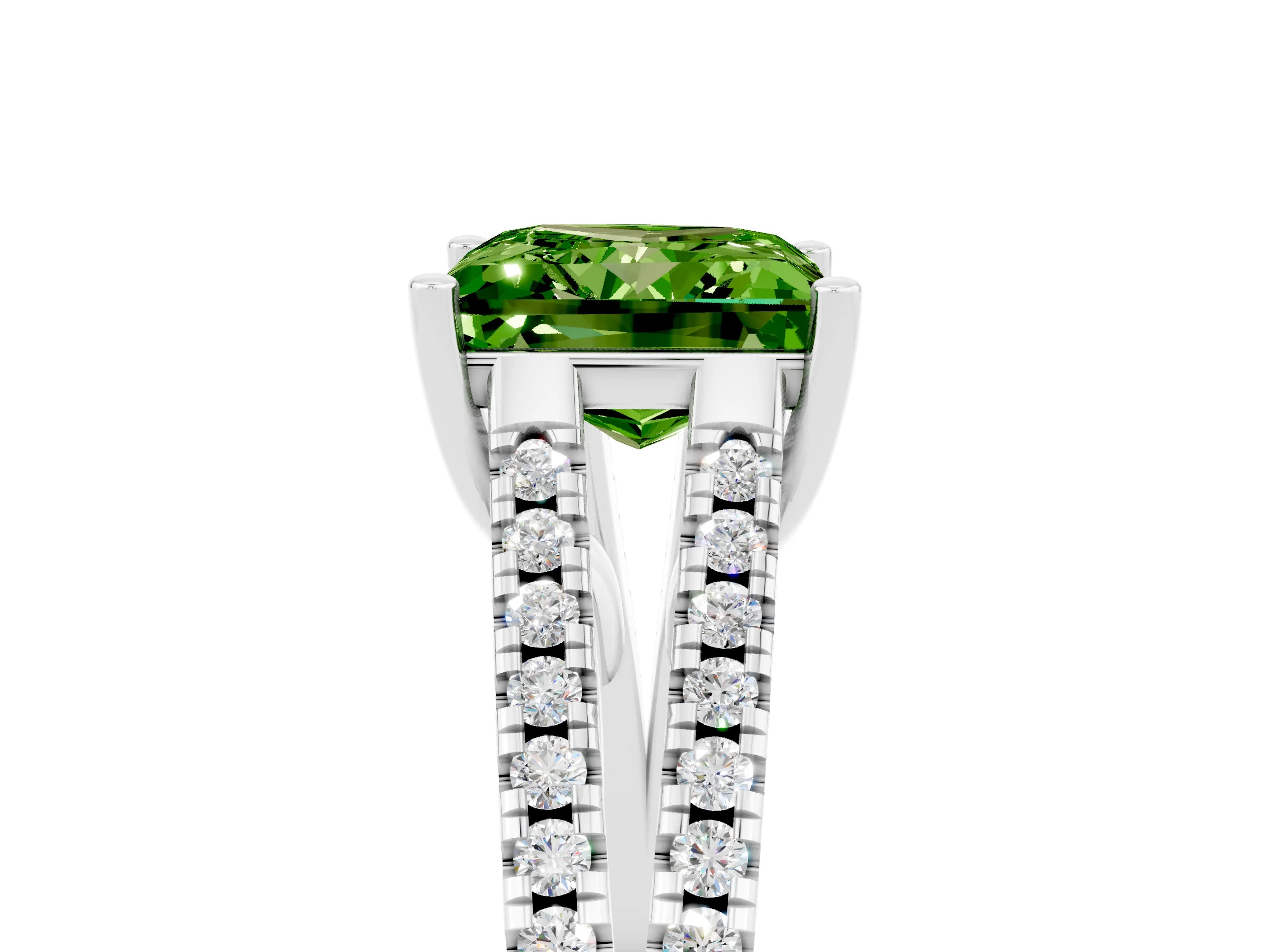 White gold Princess Cut Peridot Solitaire Engagement Ring with Split Shank Pavé Band_5
