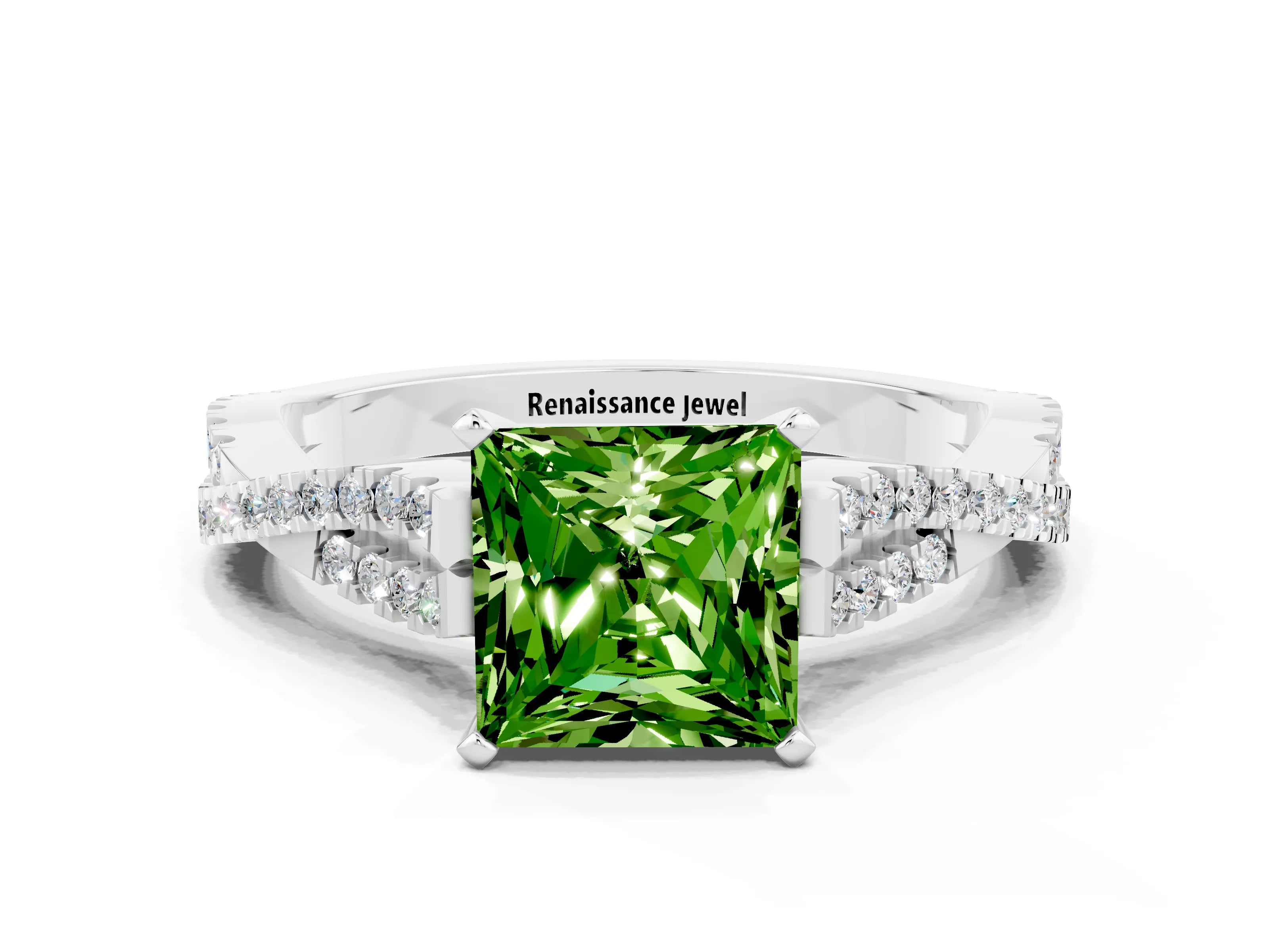 White gold Princess Cut Peridot Solitaire Engagement Ring with Twisted Pavé Band and Four-Prong Setting_12