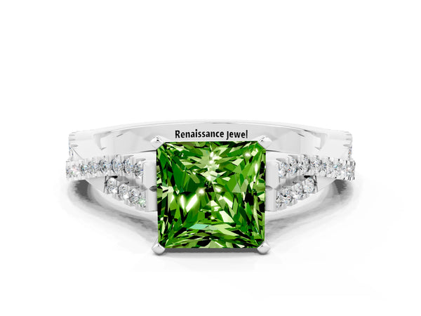 Silver Princess Cut Peridot Solitaire Engagement Ring with Twisted Pavé Band and Four-Prong Setting