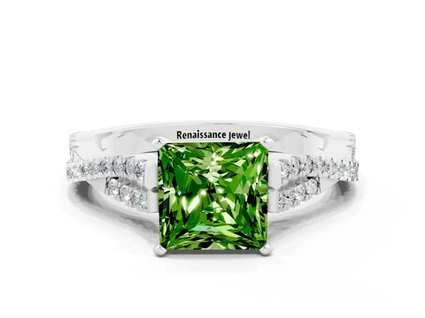 White gold Princess Cut Peridot Solitaire Engagement Ring with Twisted Pavé Band and Four-Prong Setting_12