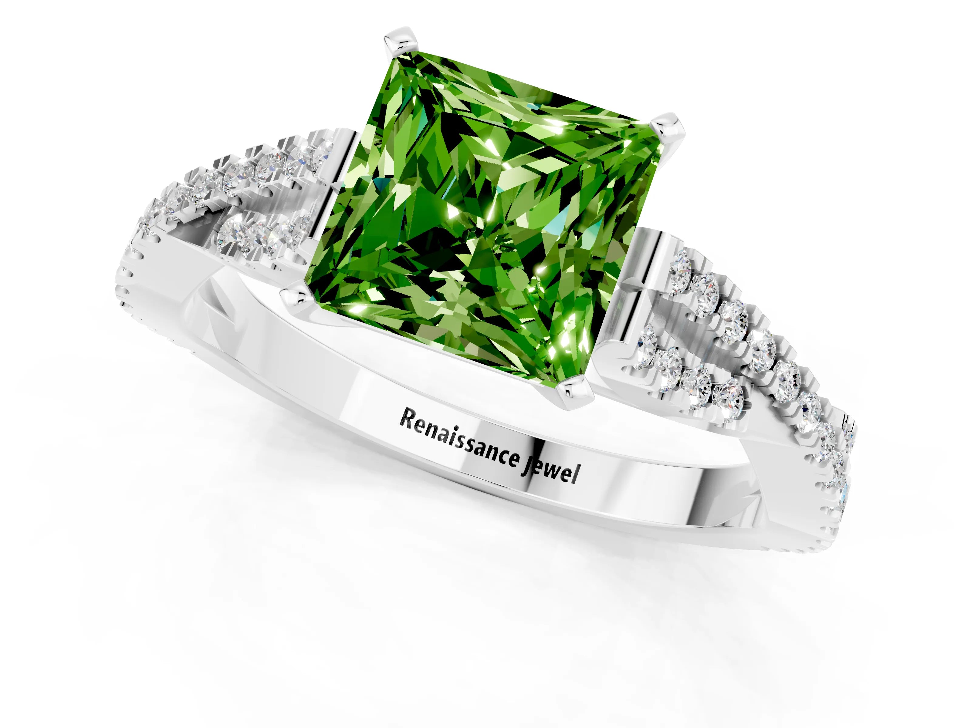 White gold Princess Cut Peridot Solitaire Engagement Ring with Twisted Pavé Band and Four-Prong Setting_13