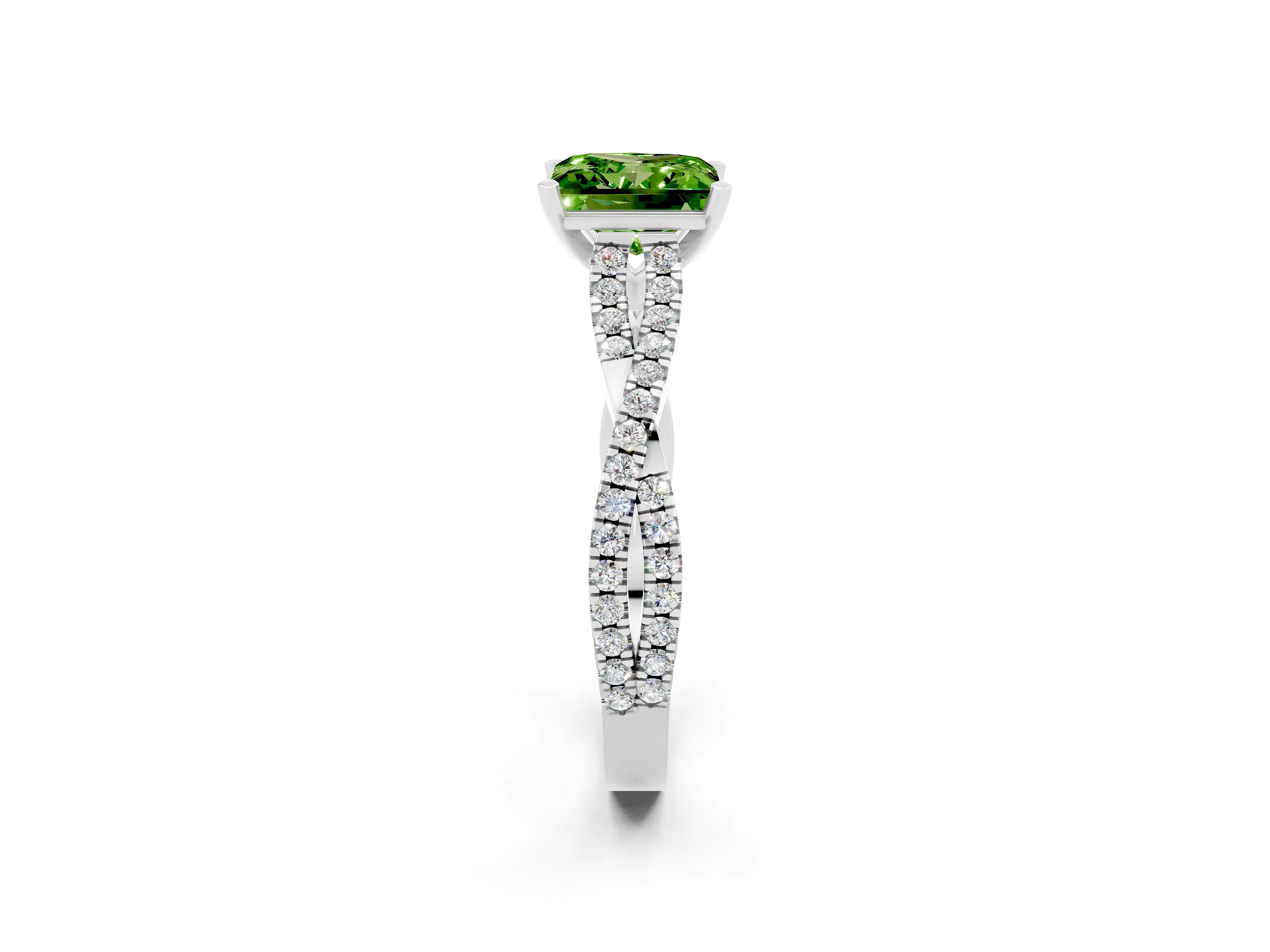 White gold Princess Cut Peridot Solitaire Engagement Ring with Twisted Pavé Band and Four-Prong Setting_14
