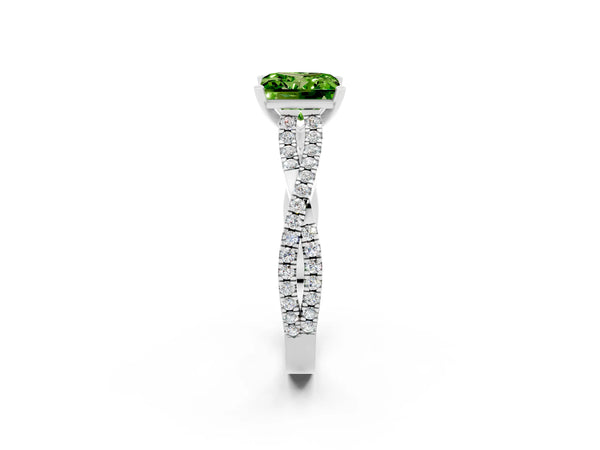 White gold Princess Cut Peridot Solitaire Engagement Ring with Twisted Pavé Band and Four-Prong Setting