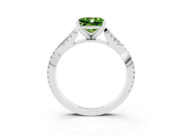 White gold Princess Cut Peridot Solitaire Engagement Ring with Twisted Pavé Band and Four-Prong Setting