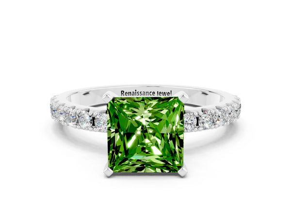 Platinum Princess Cut Peridot Solitaire Pavé Band with Four-Prong Setting