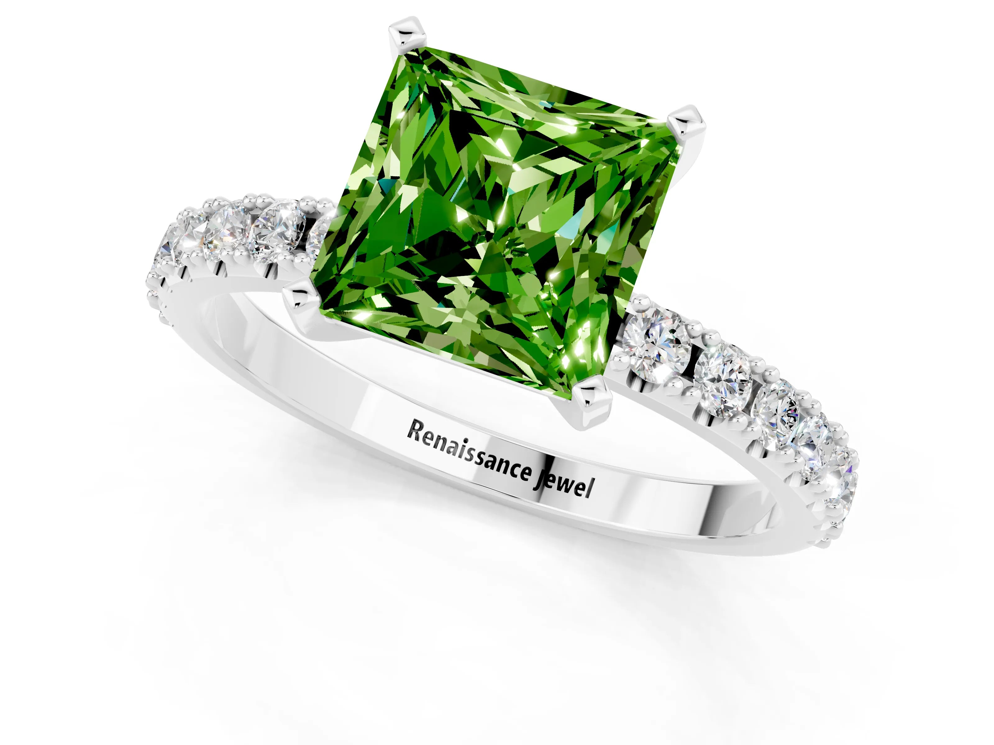 White gold Princess Cut Peridot Solitaire Pavé Band with Four-Prong Setting_1