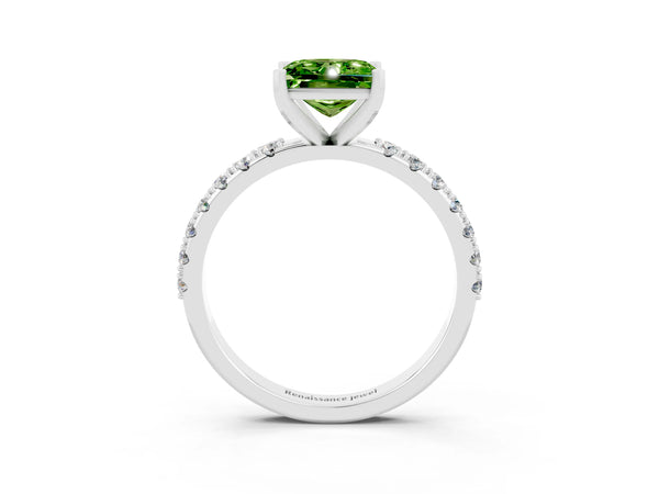 Platinum Princess Cut Peridot Solitaire Pavé Band with Four-Prong Setting