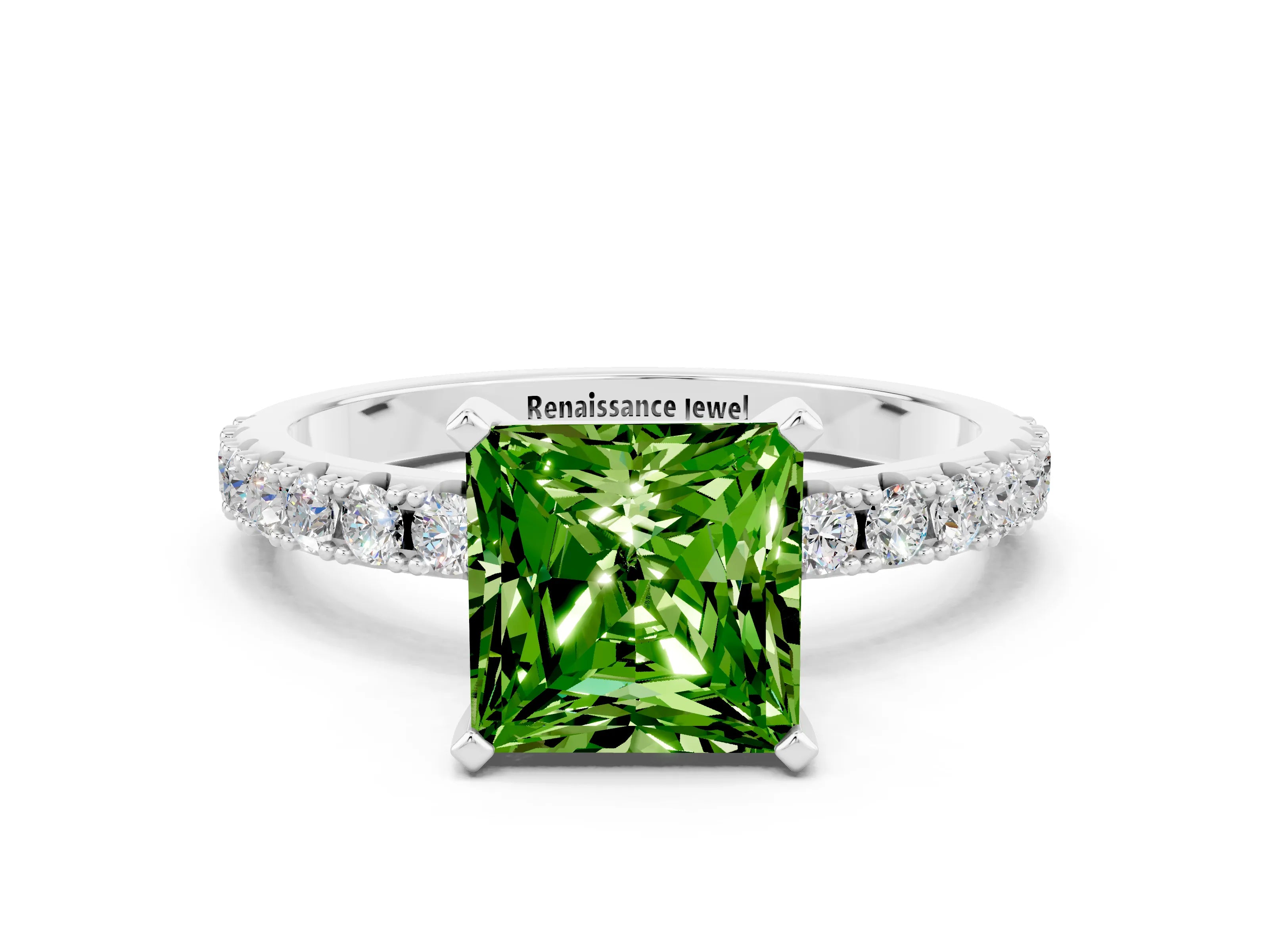 White gold Princess Cut Peridot Solitaire Pavé Band with Four-Prong Setting