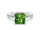 White gold Princess Cut Peridot Solitaire Pavé Band with Four-Prong Setting