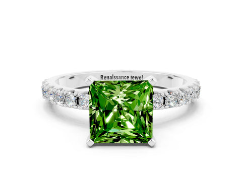 White gold Princess Cut Peridot Solitaire Pavé Band with Four-Prong Setting