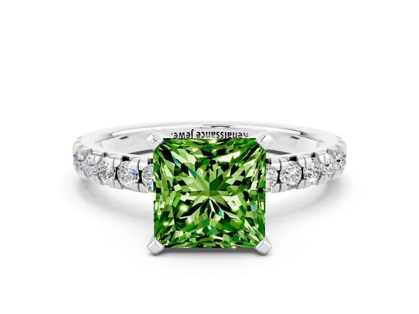 Platinum Princess Cut Peridot Solitaire Pavé Engagement Ring with Round Band and Prong Setting