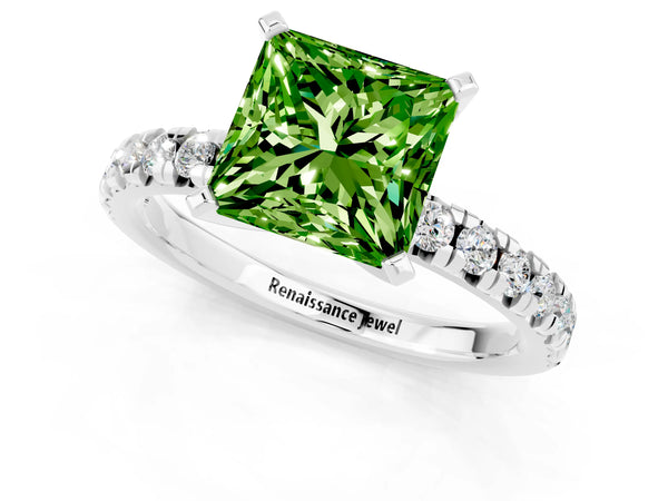 Platinum Princess Cut Peridot Solitaire Pavé Engagement Ring with Round Band and Prong Setting