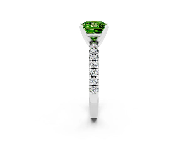 White gold Princess Cut Peridot Solitaire Pavé Engagement Ring with Round Band and Prong Setting