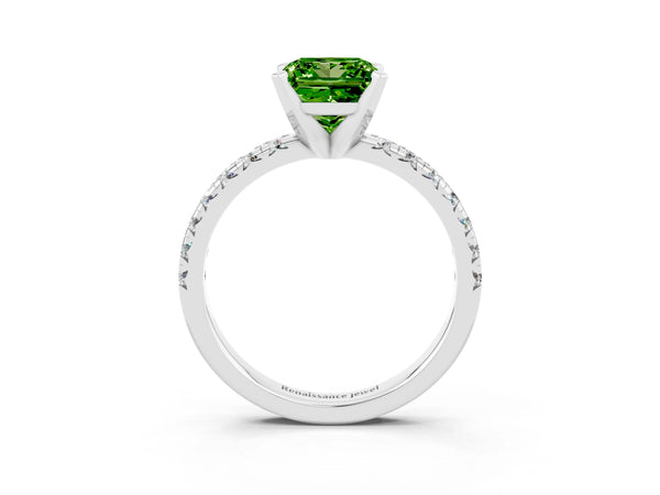 Platinum Princess Cut Peridot Solitaire Pavé Engagement Ring with Round Band and Prong Setting