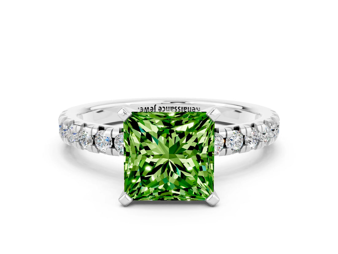 White gold Princess Cut Peridot Solitaire Pavé Engagement Ring with Round Band and Prong Setting_78