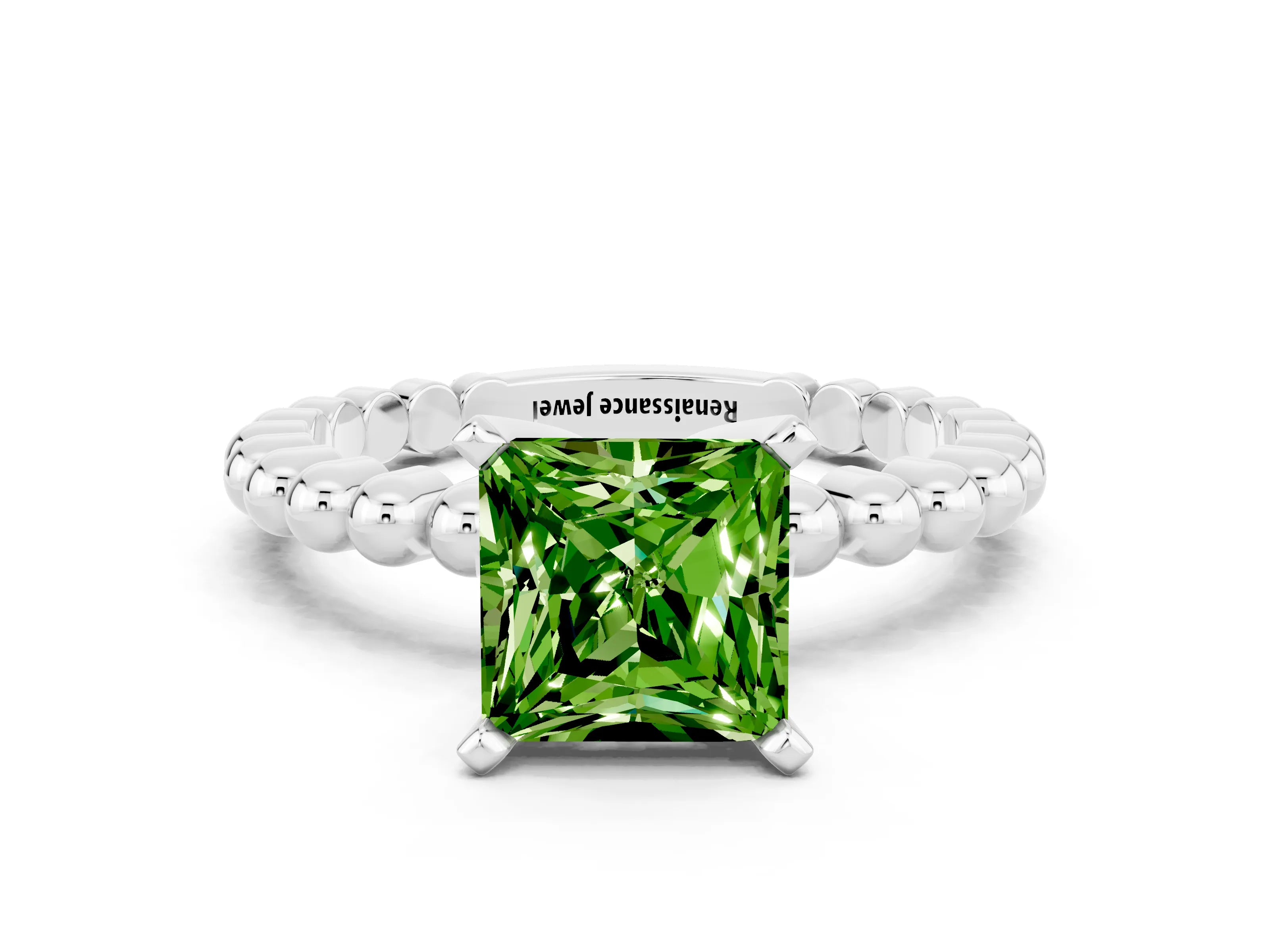 White gold Princess Cut Peridot Solitaire Ring with Beaded Band and Prong Setting_12